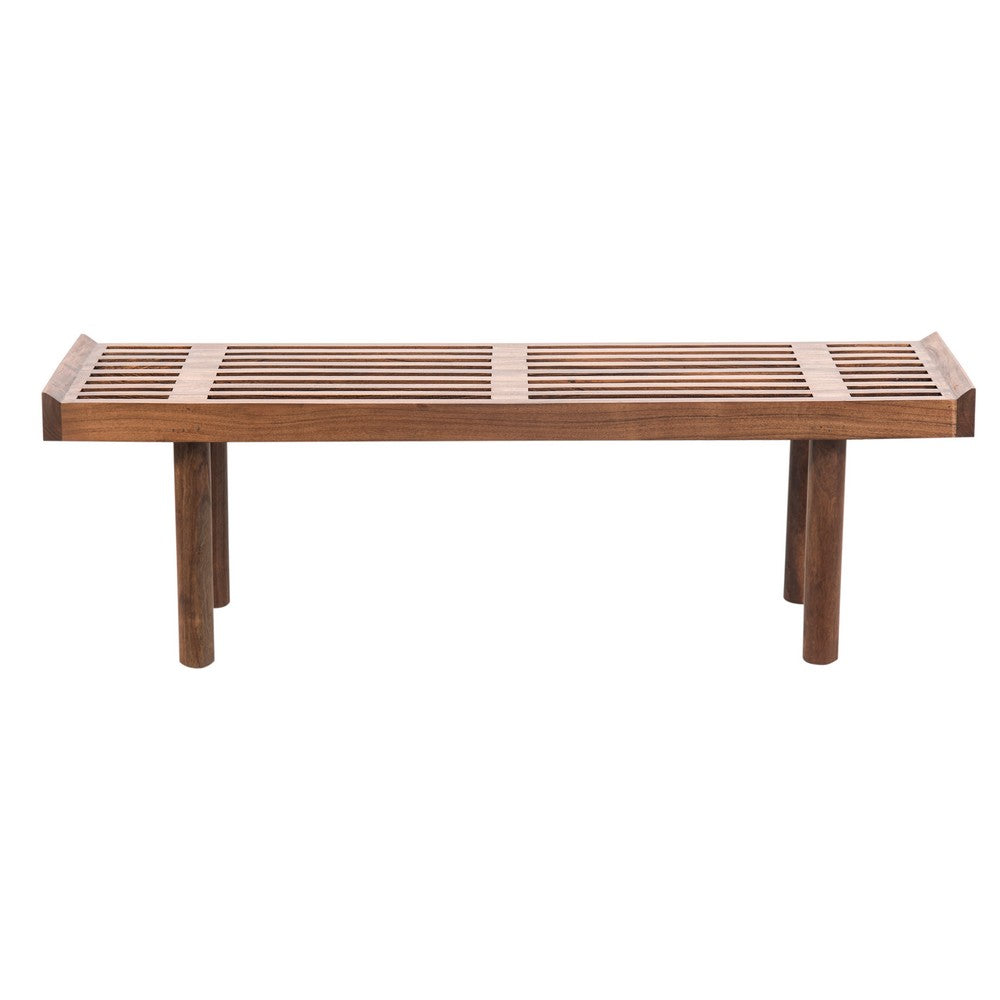 Amy Indoor Outdoor Bench | 54" Slatted Seat | Cylindrical Legs | Walnut Brown Acacia Wood By The Urban Port