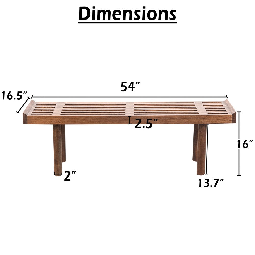 Amy Indoor Outdoor Bench | 54" Slatted Seat | Cylindrical Legs | Walnut Brown Acacia Wood By The Urban Port