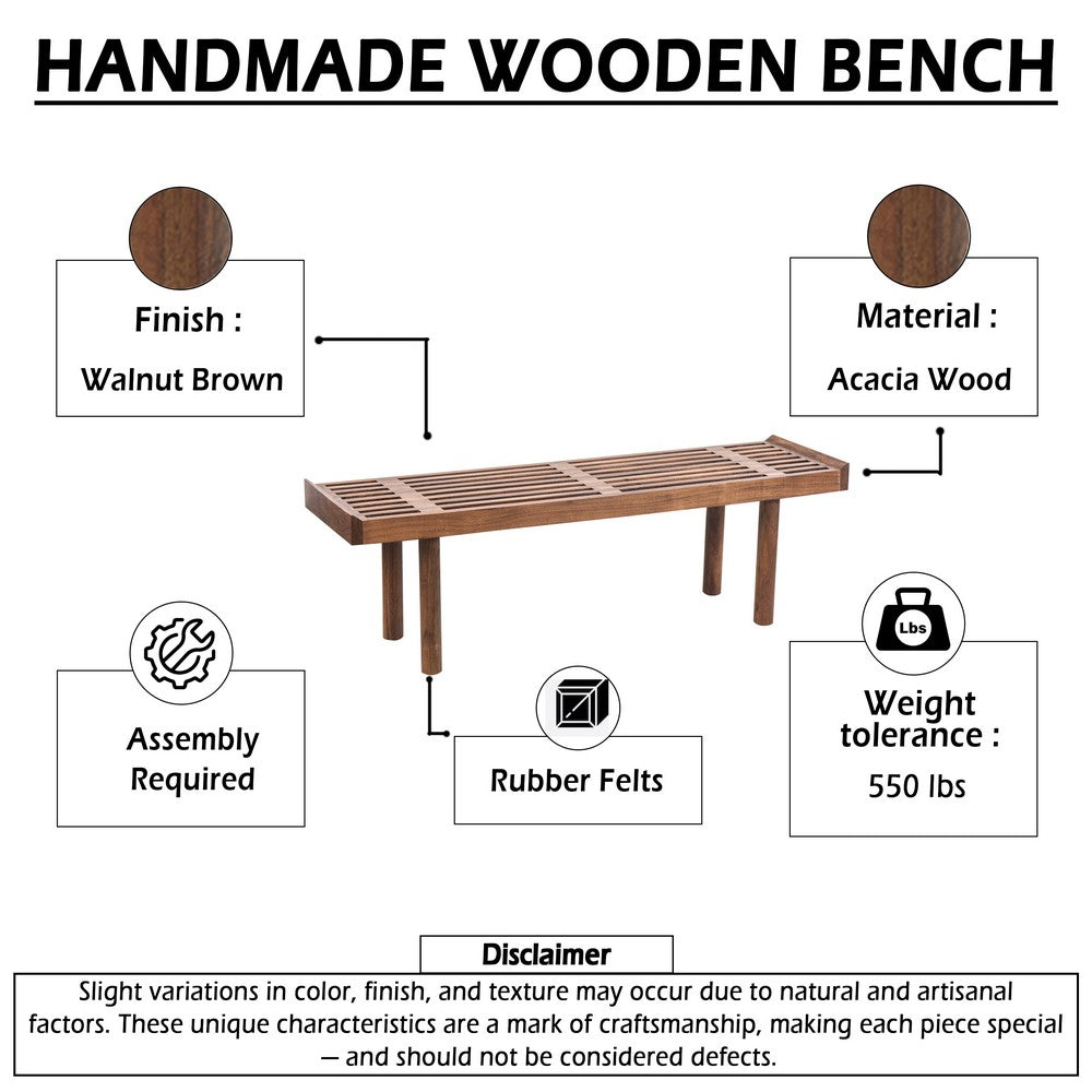 Amy Indoor Outdoor Bench | 54" Slatted Seat | Cylindrical Legs | Walnut Brown Acacia Wood By The Urban Port
