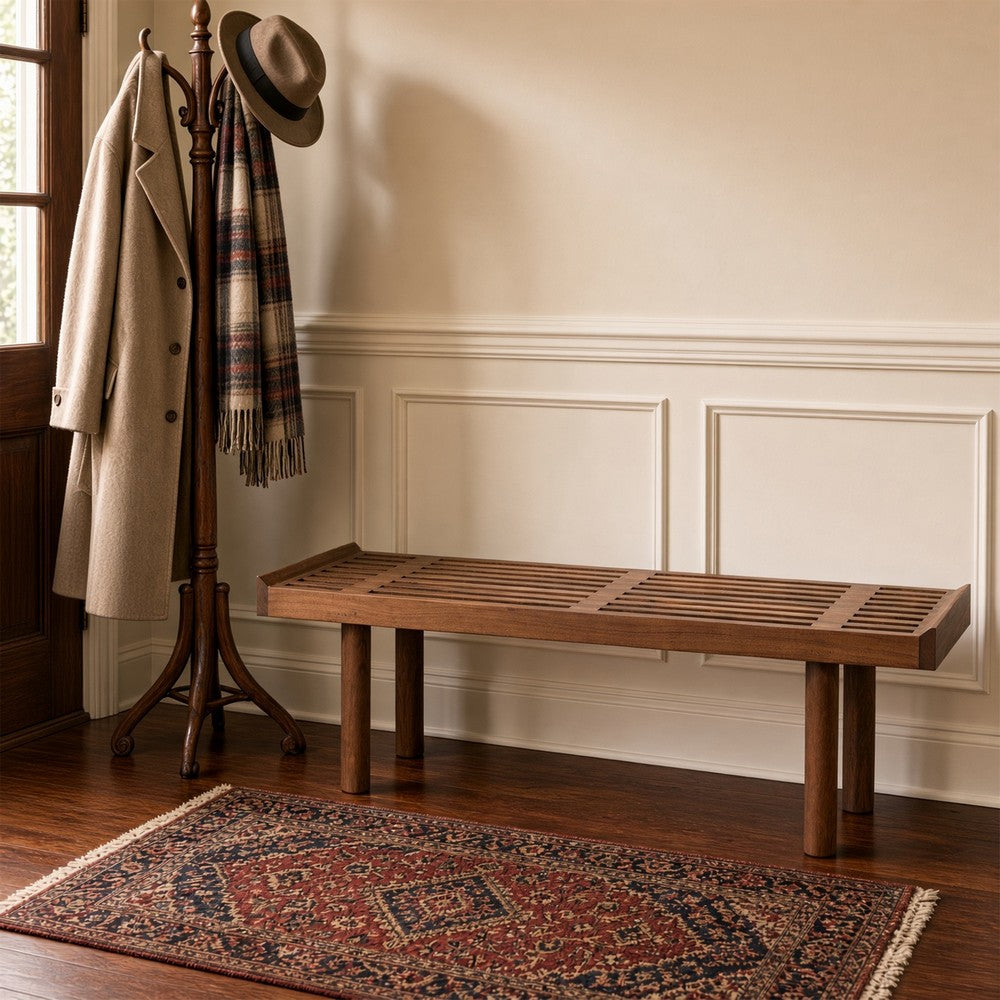 Amy Indoor Outdoor Bench | 54" Slatted Seat | Cylindrical Legs | Walnut Brown Acacia Wood By The Urban Port