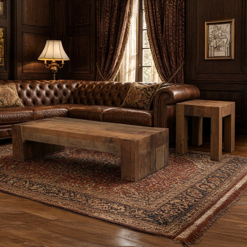 Kiosk 60 " Coffee Table | Reclaimed Wood | Rustic Brown Finish | Wide Panel Legs By The Urban Port