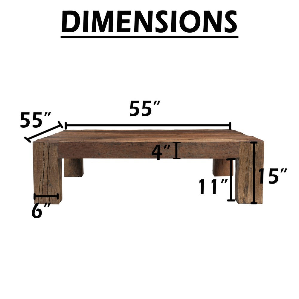Kiosk 55 " Square Coffee Table | Reclaimed Wood | Rustic Brown Finish | Block Style Legs By The Urban Port