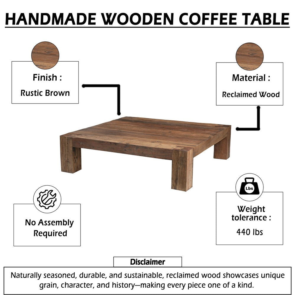 Kiosk 55 " Square Coffee Table | Reclaimed Wood | Rustic Brown Finish | Block Style Legs By The Urban Port