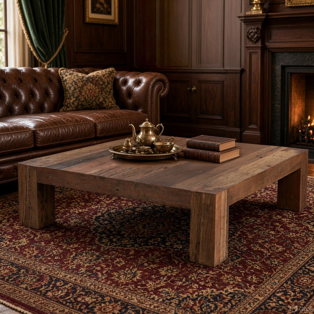 Kiosk 55 " Square Coffee Table | Reclaimed Wood | Rustic Brown Finish | Block Style Legs By The Urban Port