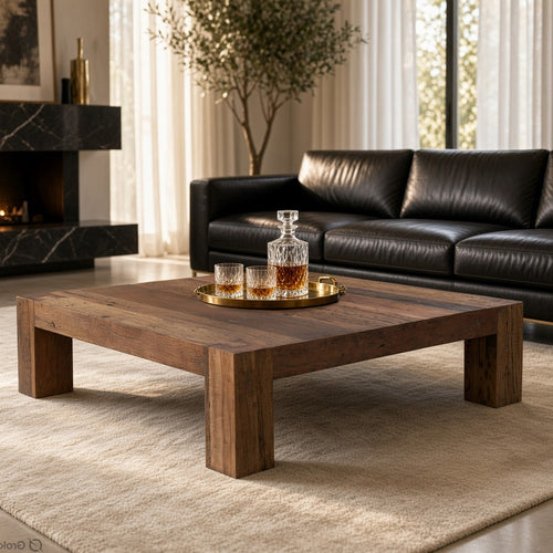Kiosk 55 " Square Coffee Table | Reclaimed Wood | Rustic Brown Finish | Block Style Legs By The Urban Port