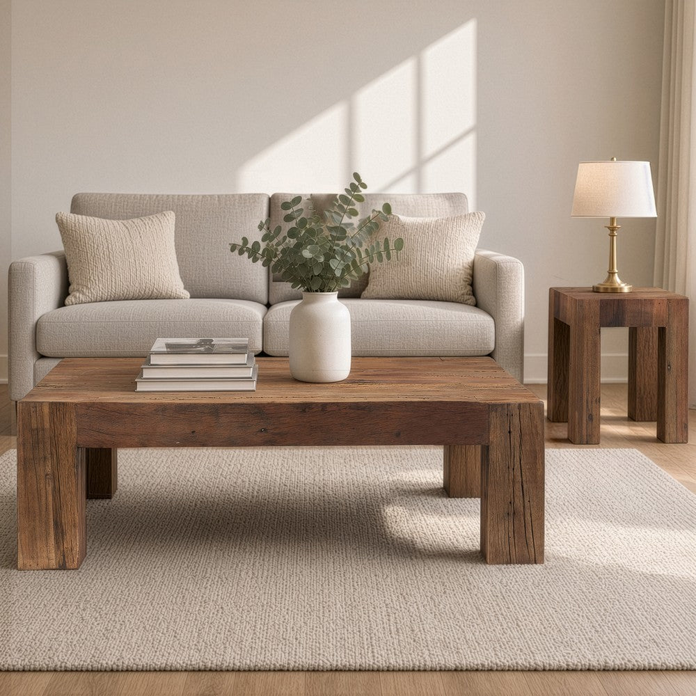 Kiosk 55 " Square Coffee Table | Reclaimed Wood | Rustic Brown Finish | Block Style Legs By The Urban Port