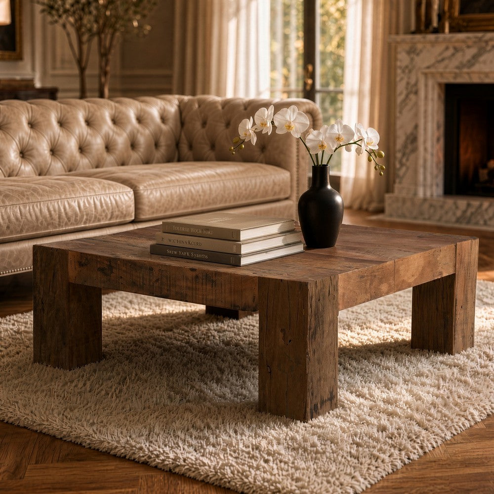 Kiosk 40 " Square Coffee Table | Reclaimed Wood | Rustic Brown Finish | Chunky Block Legs By The Urban Port