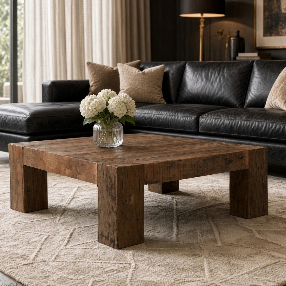 Kiosk 40 " Square Coffee Table | Reclaimed Wood | Rustic Brown Finish | Chunky Block Legs By The Urban Port