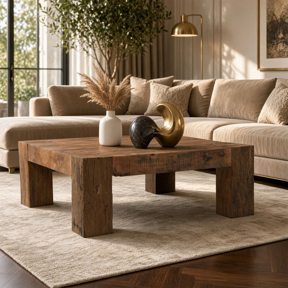 Kiosk 40 " Square Coffee Table | Reclaimed Wood | Rustic Brown Finish | Chunky Block Legs By The Urban Port