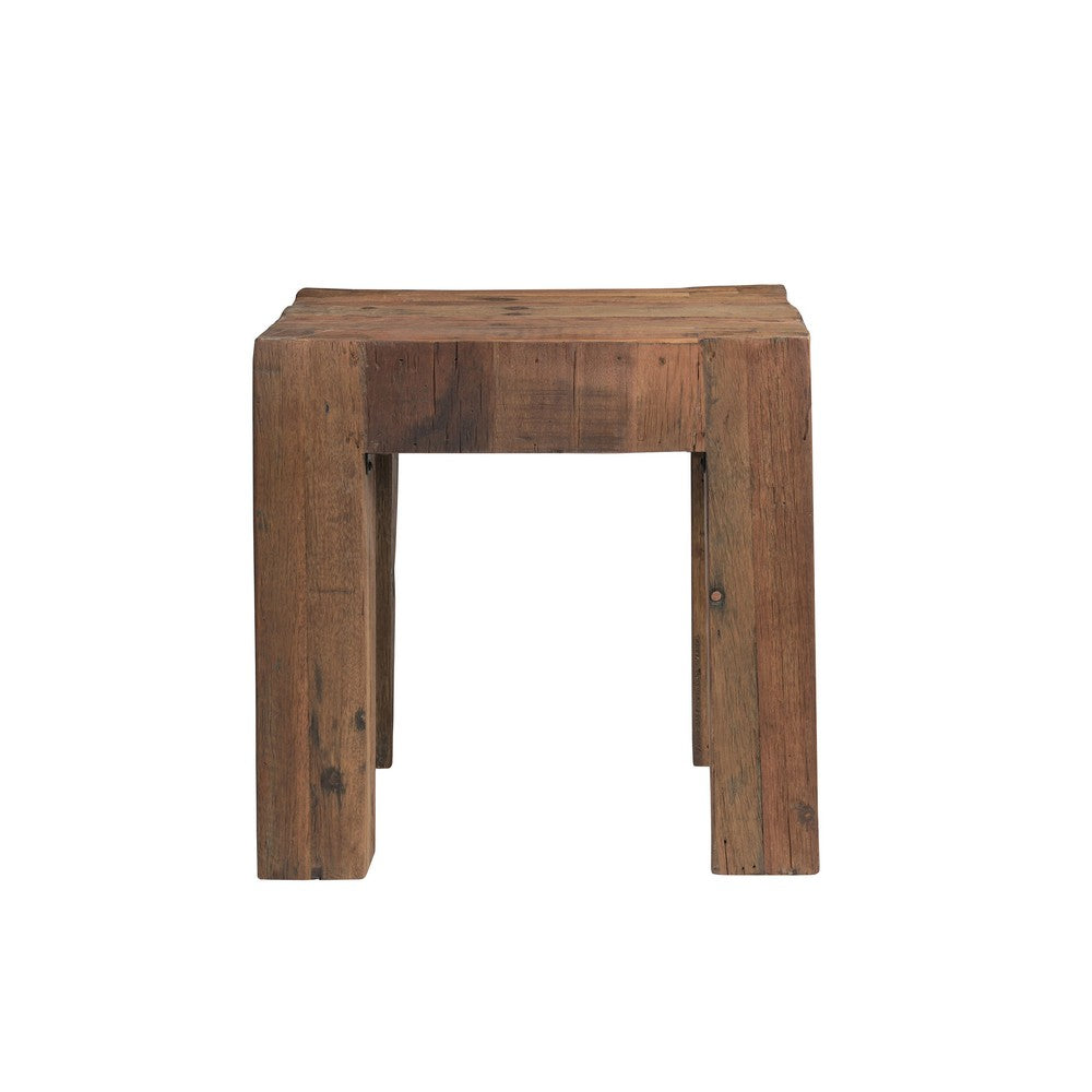 Kiosk Side End Table | Reclaimed Wood | Rustic Brown Finish | Chunky Block Legs | 20 " By The Urban Port