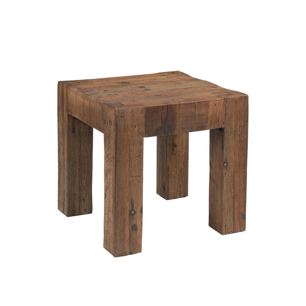 Kiosk Side End Table | Reclaimed Wood | Rustic Brown Finish | Chunky Block Legs | 20 " By The Urban Port