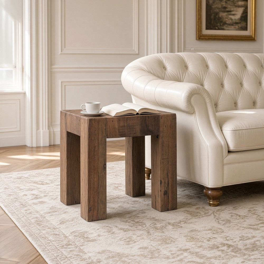 Kiosk Side End Table | Reclaimed Wood | Rustic Brown Finish | Chunky Block Legs | 20 " By The Urban Port