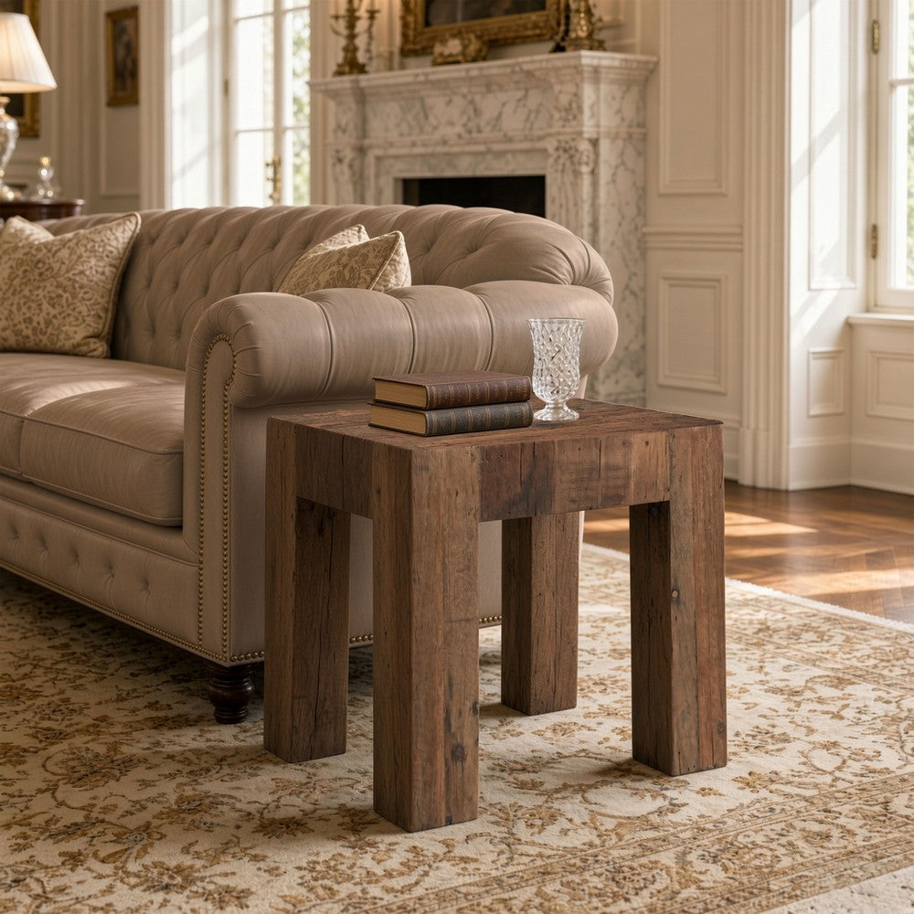 Kiosk Side End Table | Reclaimed Wood | Rustic Brown Finish | Chunky Block Legs | 20 " By The Urban Port