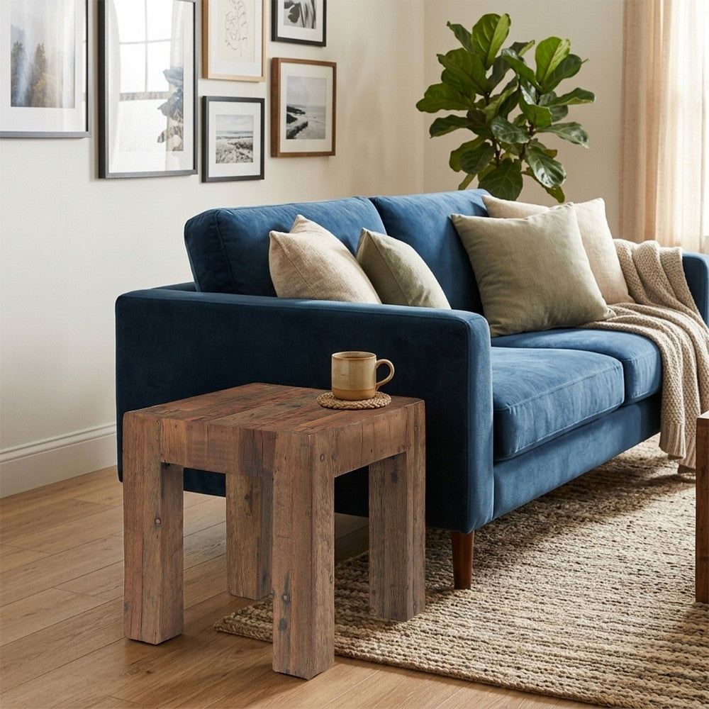 Kiosk Side End Table | Reclaimed Wood | Rustic Brown Finish | Chunky Block Legs | 20 " By The Urban Port