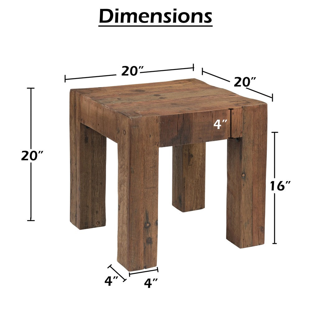 Kiosk Side End Table | Reclaimed Wood | Rustic Brown Finish | Chunky Block Legs | 20 " By The Urban Port