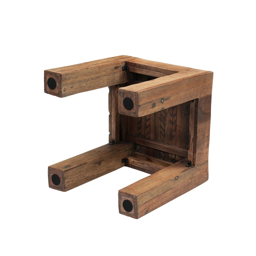 Kiosk Side End Table | Reclaimed Wood | Rustic Brown Finish | Chunky Block Legs | 20 " By The Urban Port