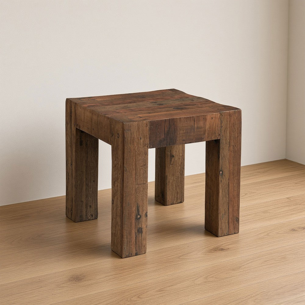 Kiosk Side End Table | Reclaimed Wood | Rustic Brown Finish | Chunky Block Legs | 20 " By The Urban Port