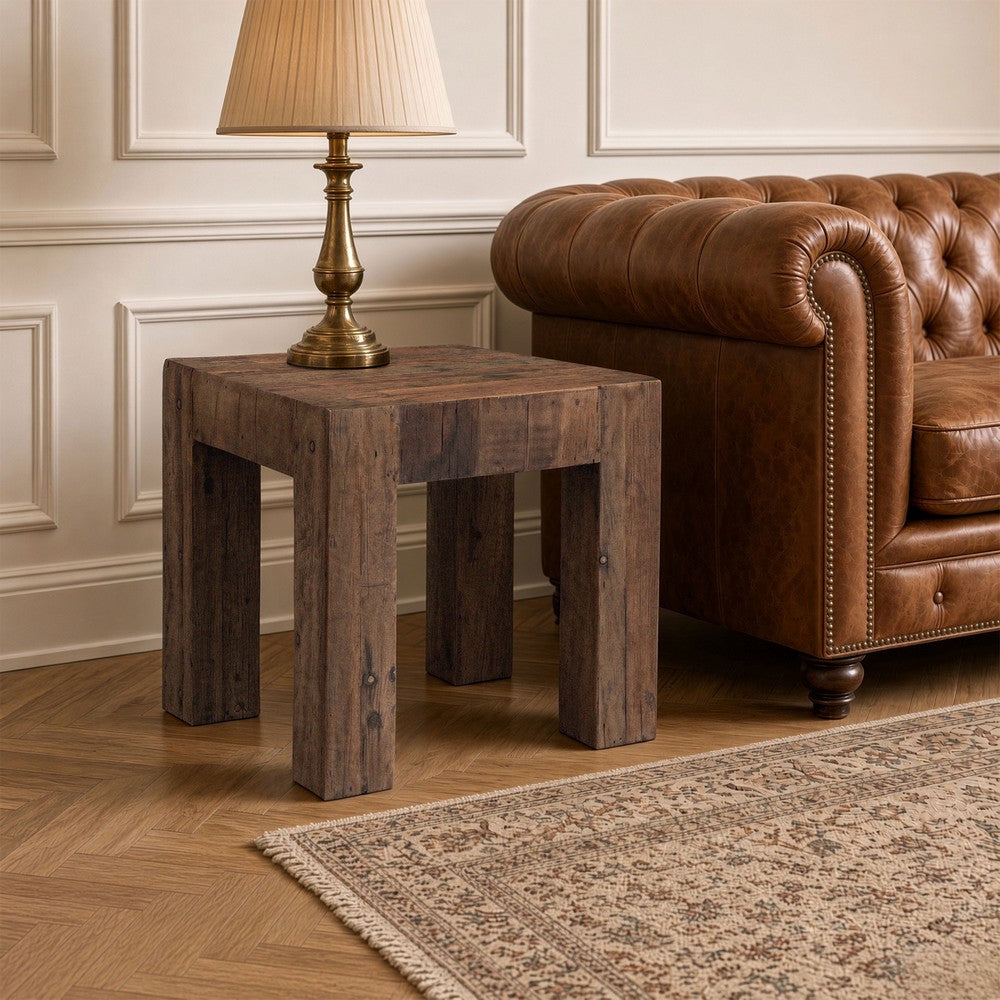 Kiosk Side End Table | Reclaimed Wood | Rustic Brown Finish | Chunky Block Legs | 20 " By The Urban Port