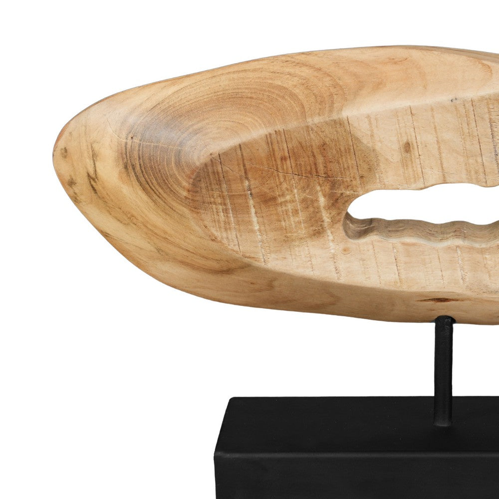 Kyni 24 " Natural Brown Acacia Wood Tabletop Sculpture | Organic Oval Decor | Black Iron Base By The Urban Port