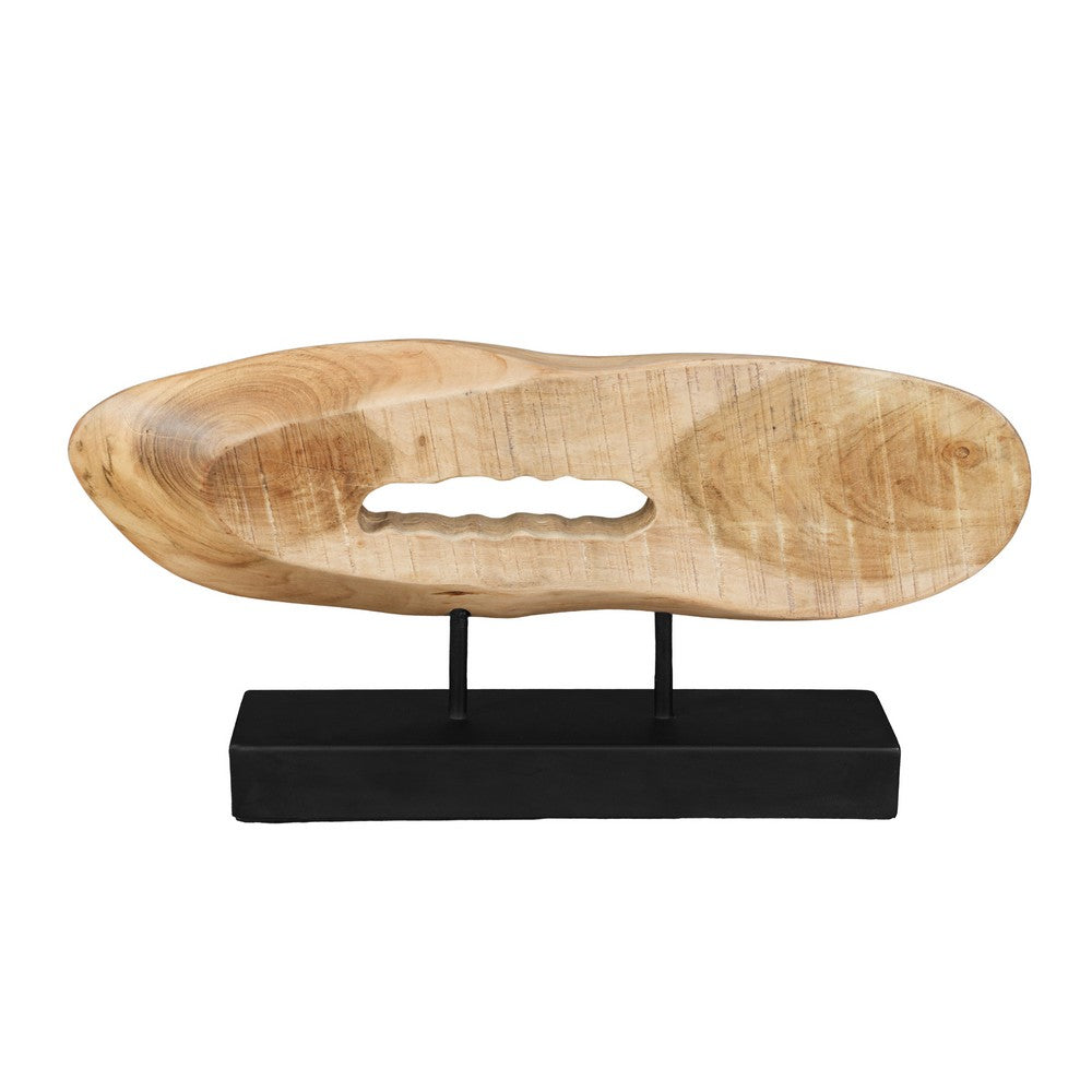 Kyni 24 " Natural Brown Acacia Wood Tabletop Sculpture | Organic Oval Decor | Black Iron Base By The Urban Port