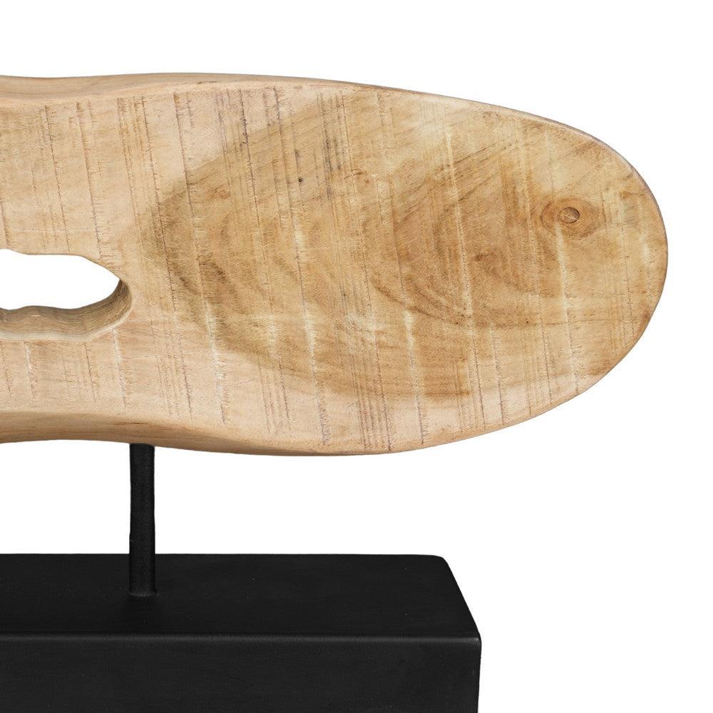 Kyni 24 " Natural Brown Acacia Wood Tabletop Sculpture | Organic Oval Decor | Black Iron Base By The Urban Port