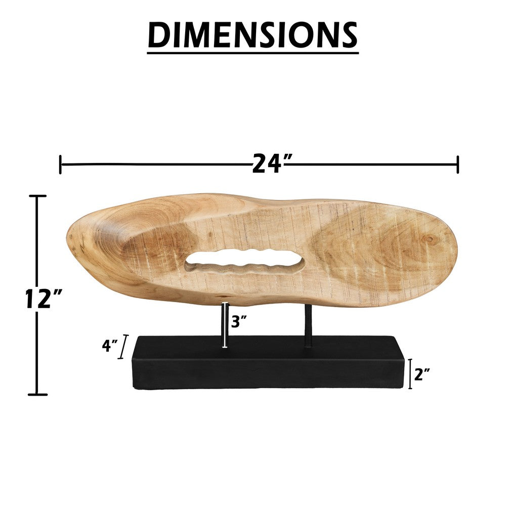 Kyni 24 " Natural Brown Acacia Wood Tabletop Sculpture | Organic Oval Decor | Black Iron Base By The Urban Port