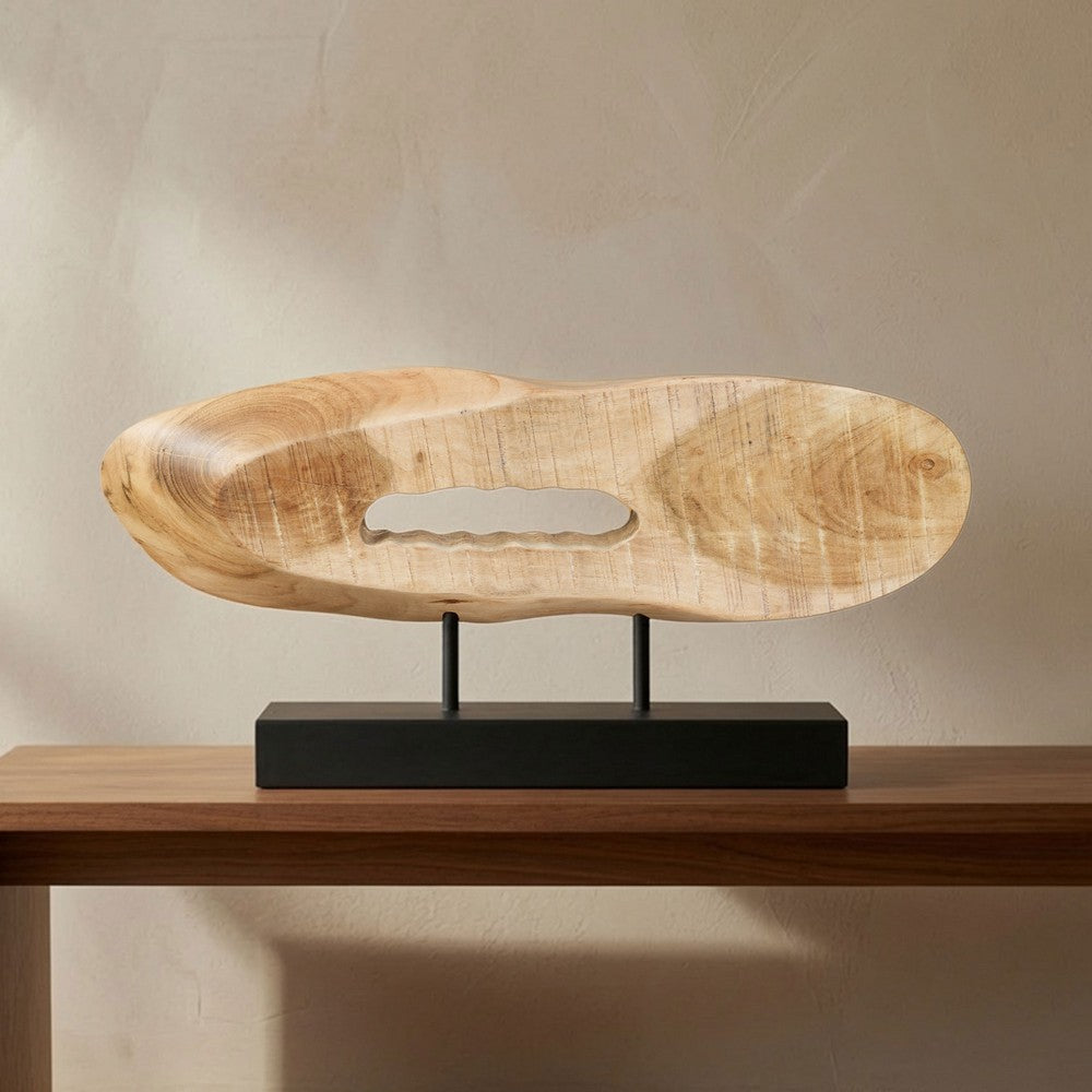Kyni 24 " Natural Brown Acacia Wood Tabletop Sculpture | Organic Oval Decor | Black Iron Base By The Urban Port