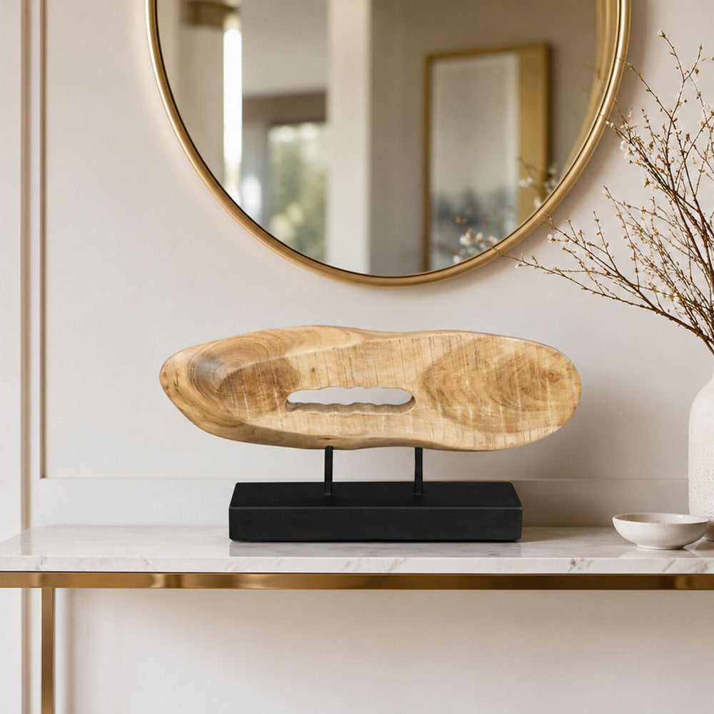 Kyni 24 " Natural Brown Acacia Wood Tabletop Sculpture | Organic Oval Decor | Black Iron Base By The Urban Port