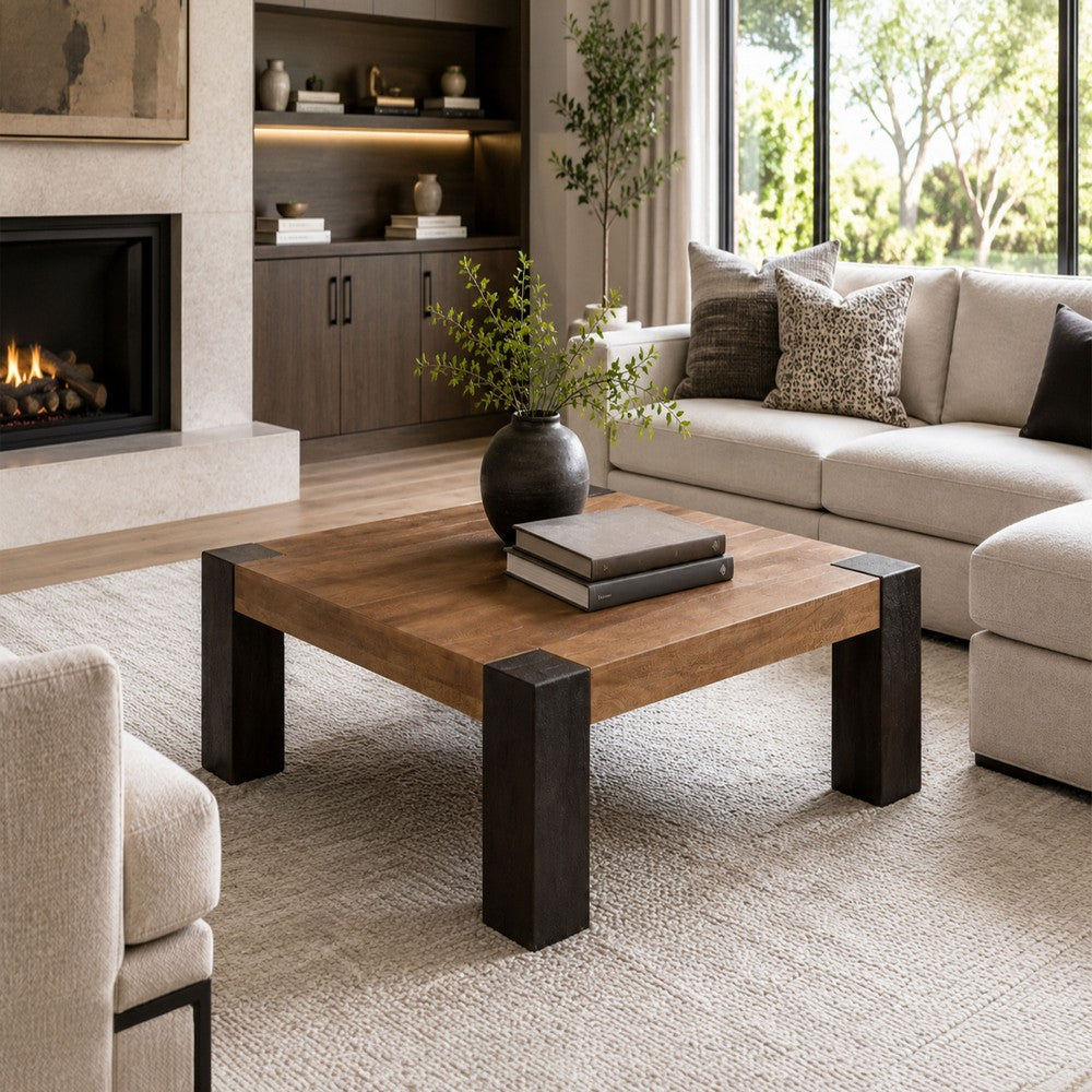 Kisa 44" Square Coffee Table | Sandblasted Block Legs | Coffee Brown Mango Wood By The Urban Port