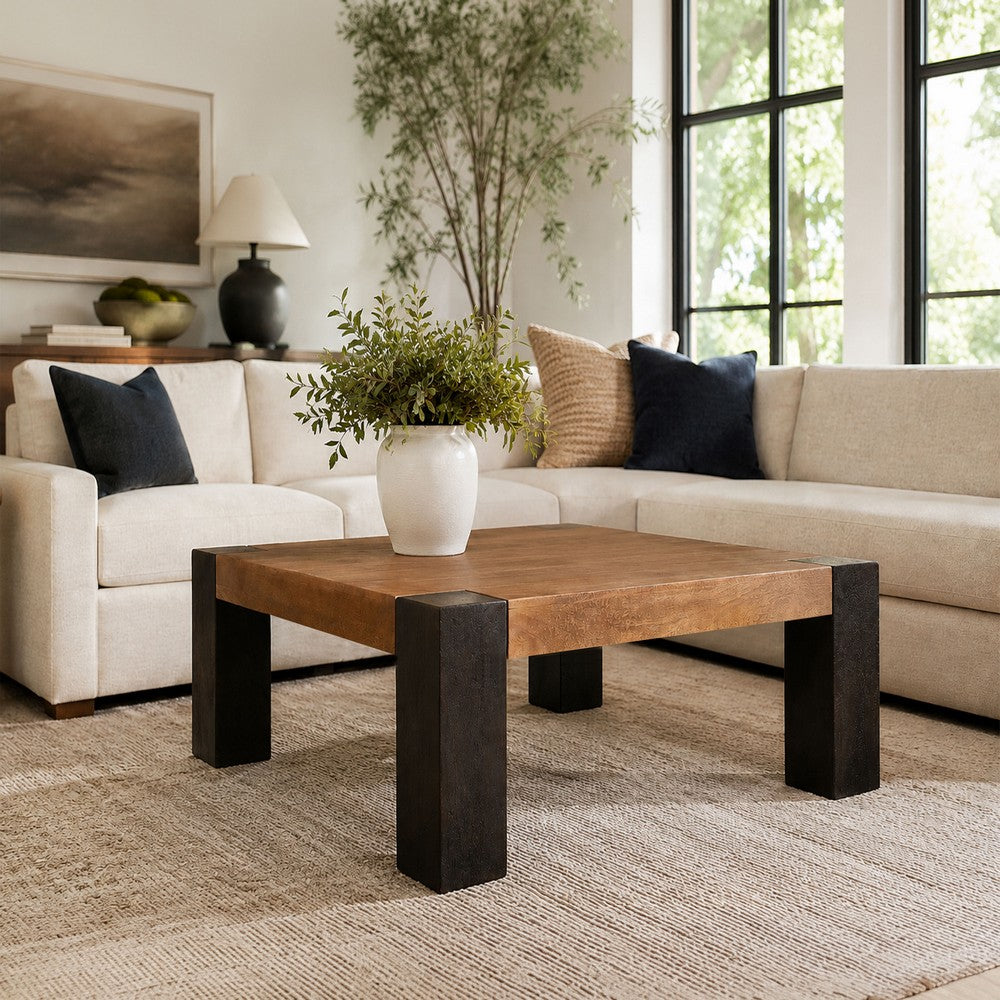 Kisa 44" Square Coffee Table | Sandblasted Block Legs | Coffee Brown Mango Wood By The Urban Port