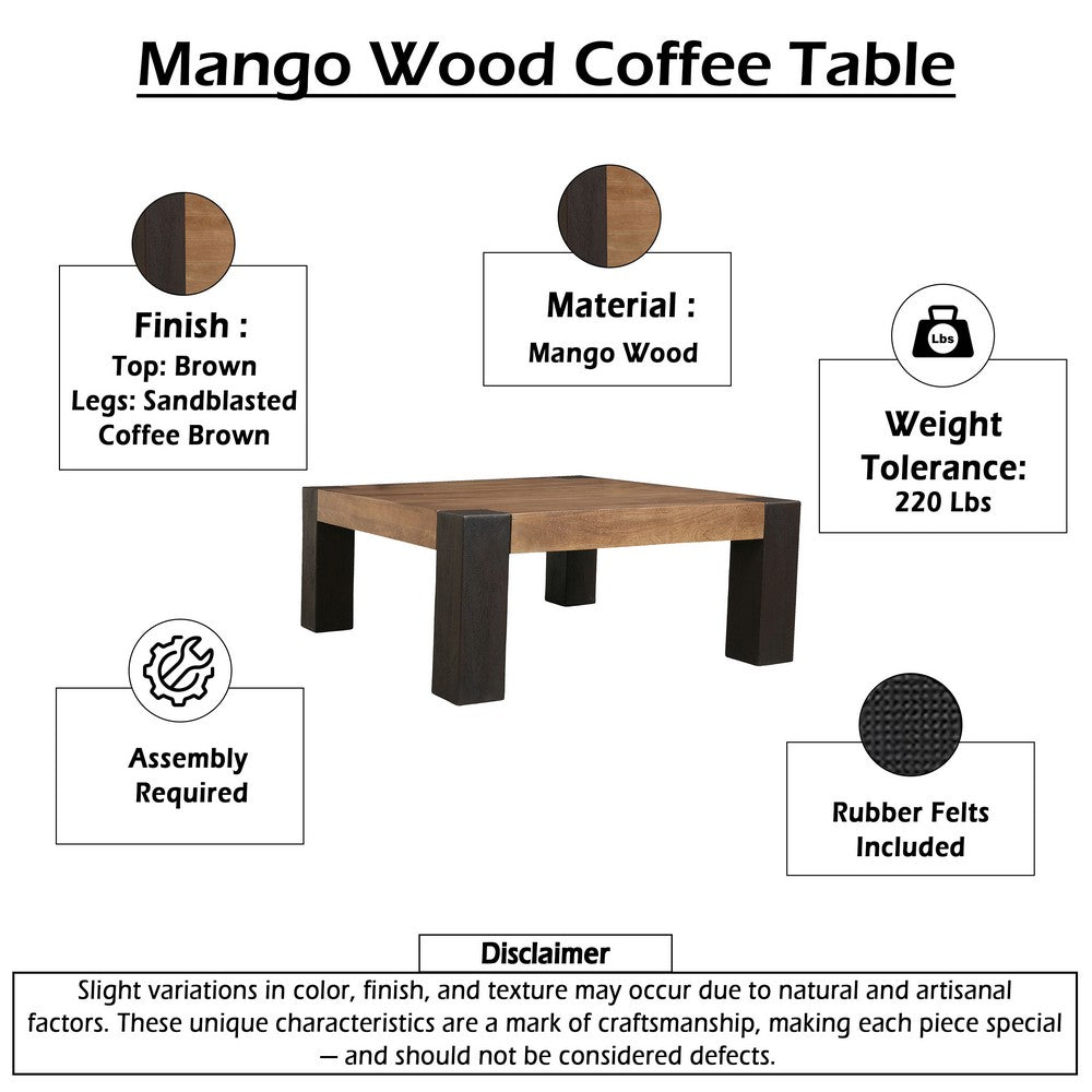 Kisa 44" Square Coffee Table | Sandblasted Block Legs | Coffee Brown Mango Wood By The Urban Port