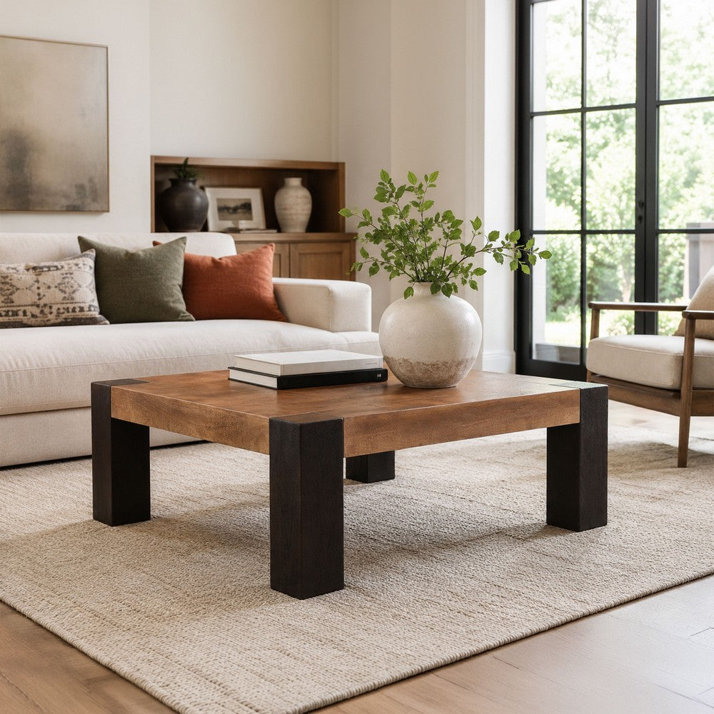 Kisa 44" Square Coffee Table | Sandblasted Block Legs | Coffee Brown Mango Wood By The Urban Port