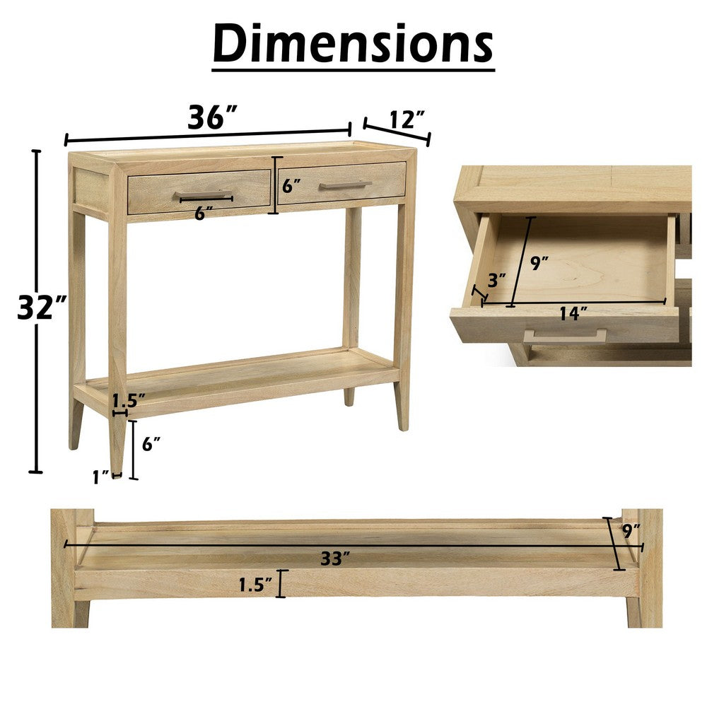 Unya 36" Sofa Console Table w Shelf | 2 Drawers | Natural Brown Mango Wood | Organic Decor By The Urban Port