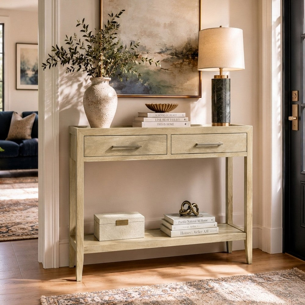 Unya 36" Sofa Console Table w Shelf | 2 Drawers | Natural Brown Mango Wood | Organic Decor By The Urban Port
