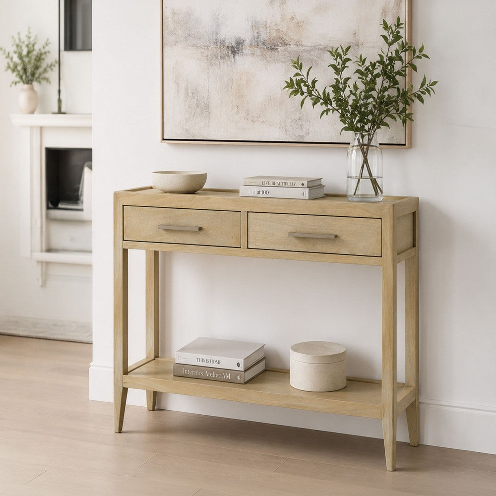 Unya 36" Sofa Console Table w Shelf | 2 Drawers | Natural Brown Mango Wood | Organic Decor By The Urban Port