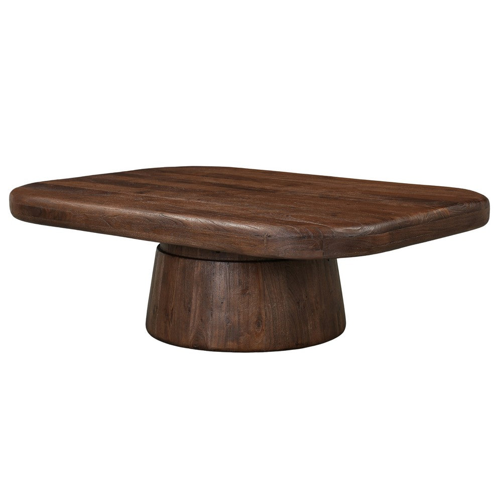 Lori 45 Inch Coffee Table | Drum Pedestal Base | Sandblasted Dark Walnut Brown | Acacia Wood By The Urban Port