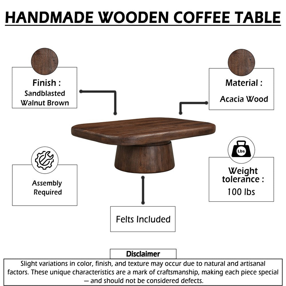 Lori 45 Inch Coffee Table | Drum Pedestal Base | Sandblasted Dark Walnut Brown | Acacia Wood By The Urban Port