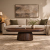 Lori 45 Inch Coffee Table | Drum Pedestal Base | Sandblasted Dark Walnut Brown | Acacia Wood By The Urban Port
