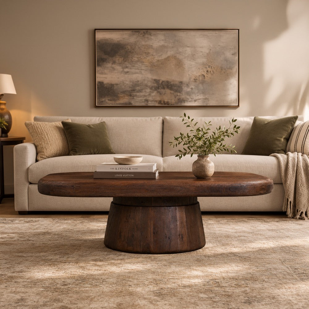 Lori 45 Inch Coffee Table | Drum Pedestal Base | Sandblasted Dark Walnut Brown | Acacia Wood By The Urban Port