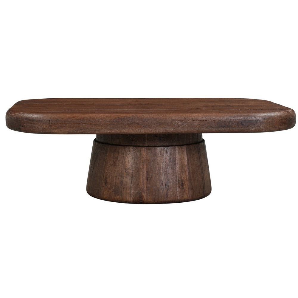 Lori 45 Inch Coffee Table | Drum Pedestal Base | Sandblasted Dark Walnut Brown | Acacia Wood By The Urban Port