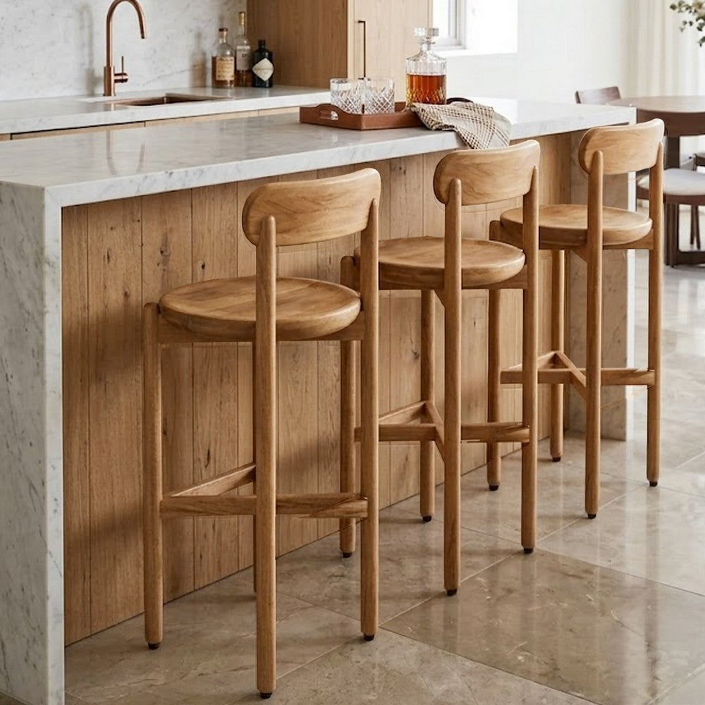 Maona Bar Stool Chair with Round Seat | Curved Open Back | Natural Brown Mango Wood By The Urban Port