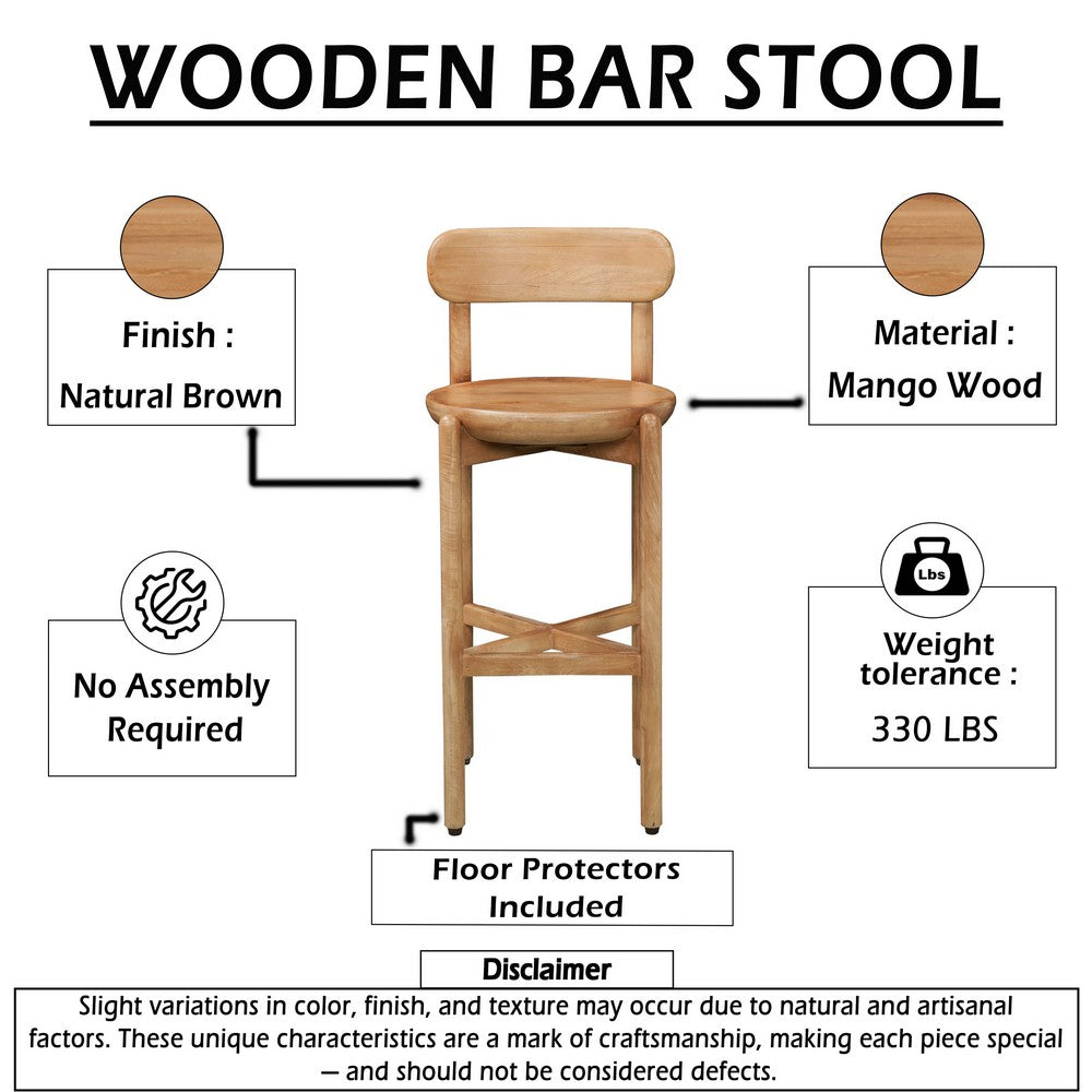 Maona Bar Stool Chair with Round Seat | Curved Open Back | Natural Brown Mango Wood By The Urban Port