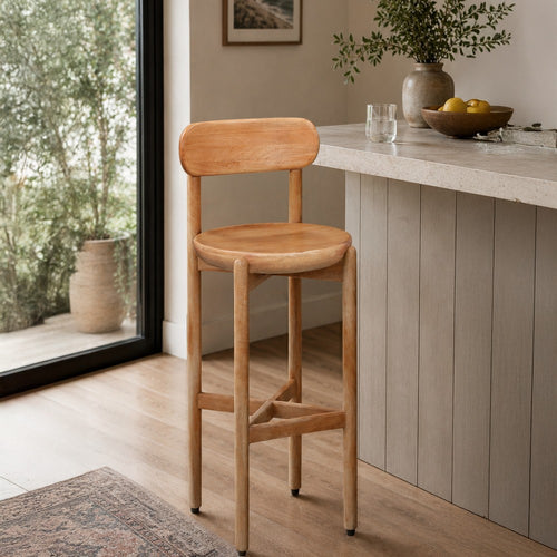 Maona Bar Stool Chair with Round Seat | Curved Open Back | Natural Brown Mango Wood By The Urban Port