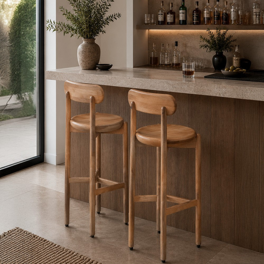 Maona Bar Stool Chair with Round Seat | Curved Open Back | Natural Brown Mango Wood By The Urban Port