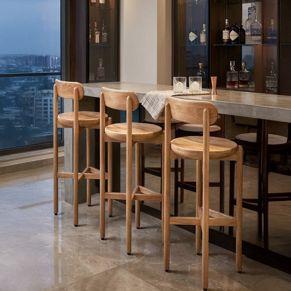 Maona Bar Stool Chair with Round Seat | Curved Open Back | Natural Brown Mango Wood By The Urban Port