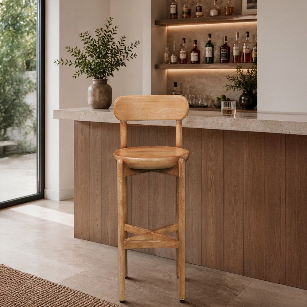 Maona Bar Stool Chair with Round Seat | Curved Open Back | Natural Brown Mango Wood By The Urban Port