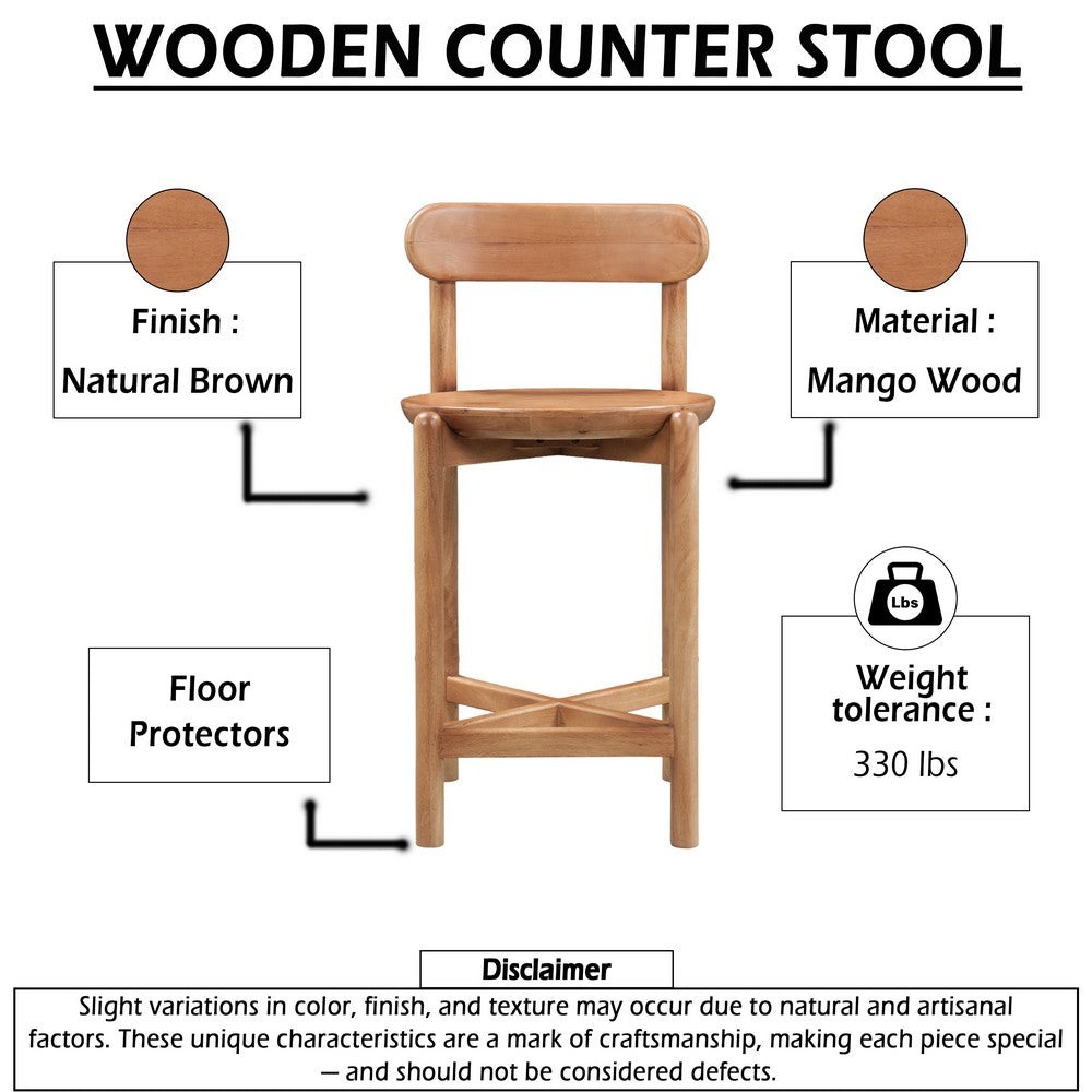 Maona Counter Stool Chair with Round Seat | Curved Open Back | Natural Brown Mango Wood By The Urban Port