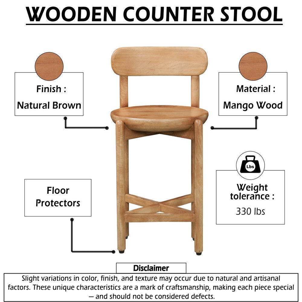 Maona Counter Stool Chair with Round Seat | Curved Open Back | Natural Brown Mango Wood By The Urban Port