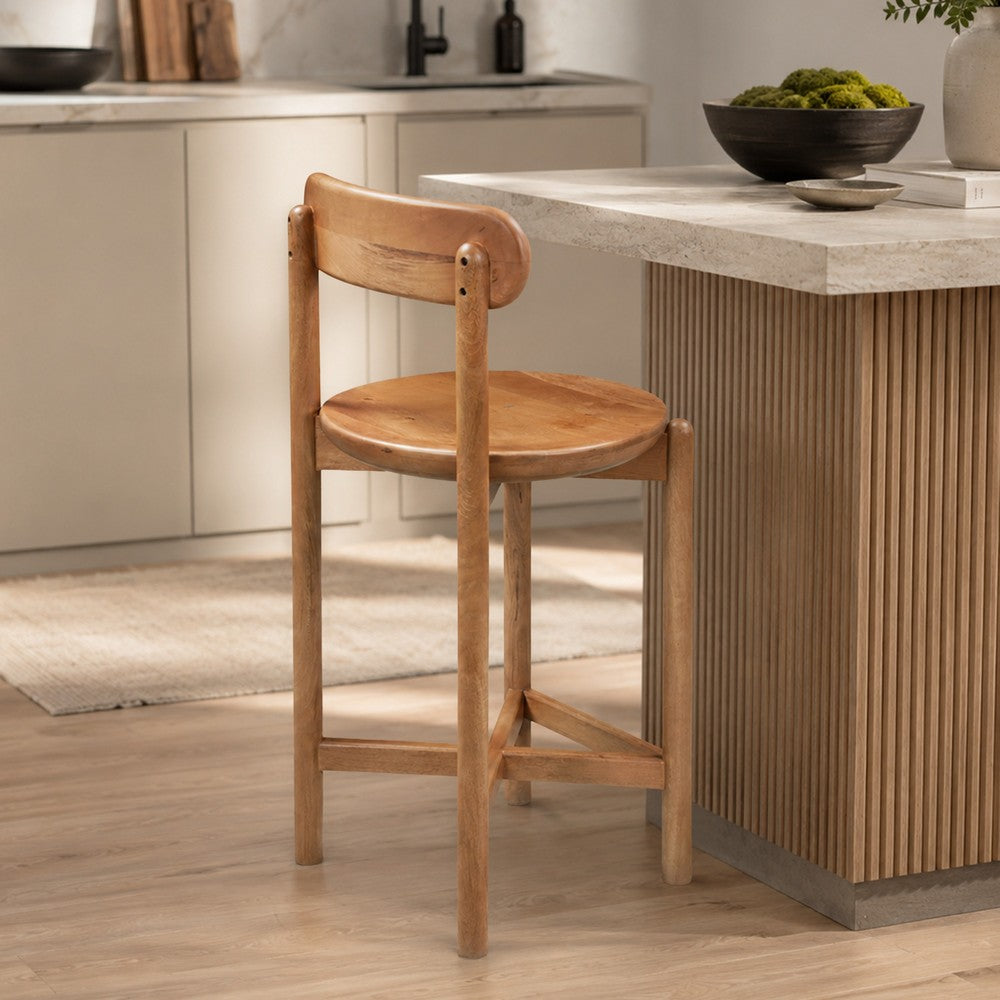 Maona Counter Stool Chair with Round Seat | Curved Open Back | Natural Brown Mango Wood By The Urban Port