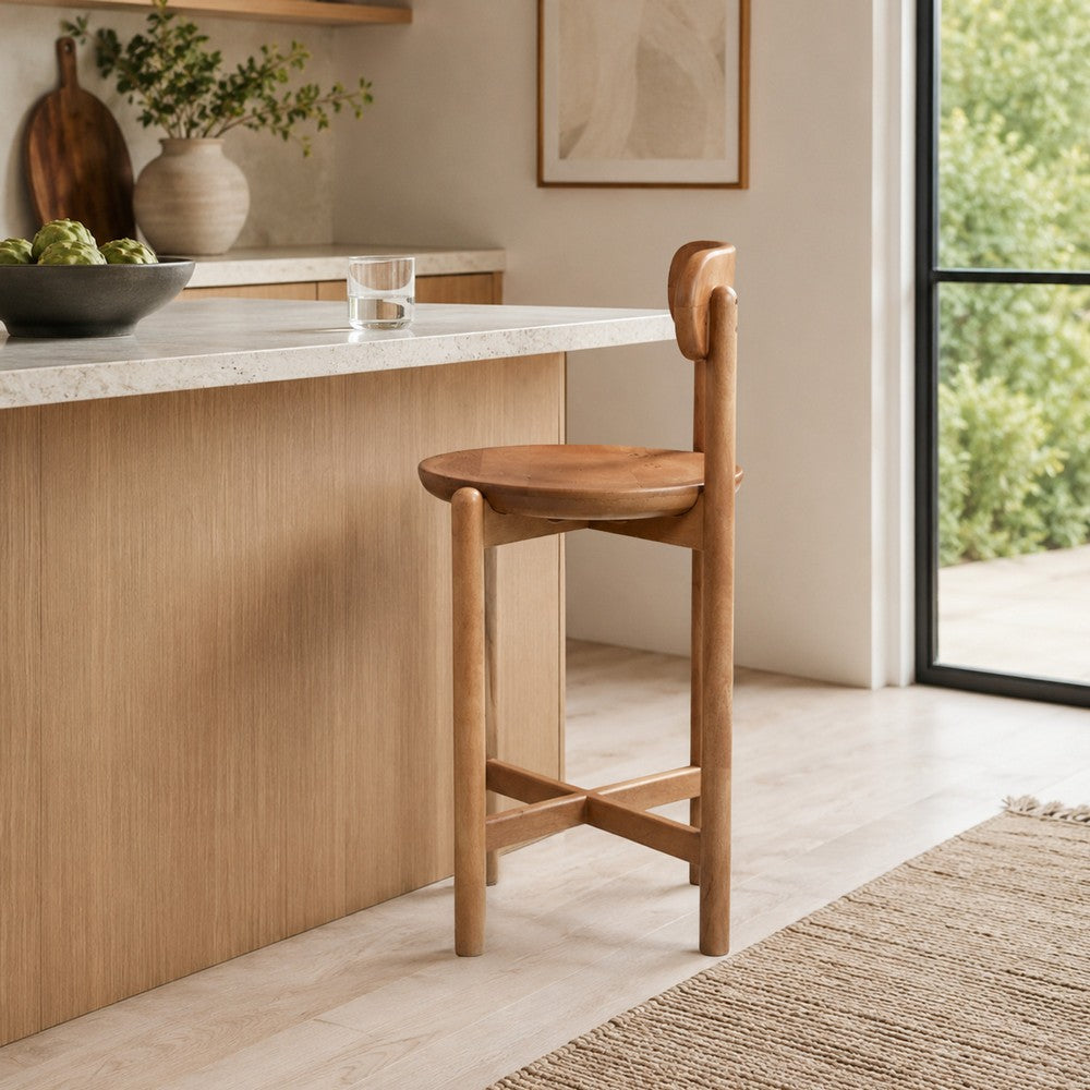 Maona Counter Stool Chair with Round Seat | Curved Open Back | Natural Brown Mango Wood By The Urban Port
